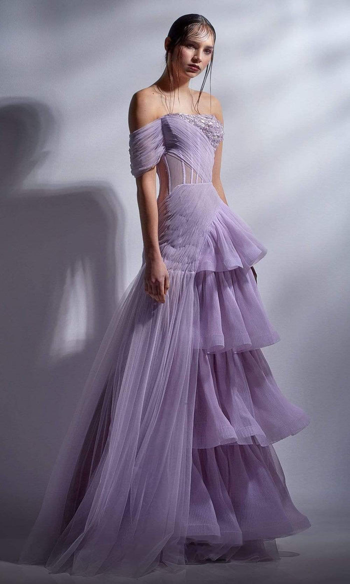MNM Couture - G1282 Sheer Corset Bodice Ruffle A-Line Gown Evening Dresses 2 / Lilac