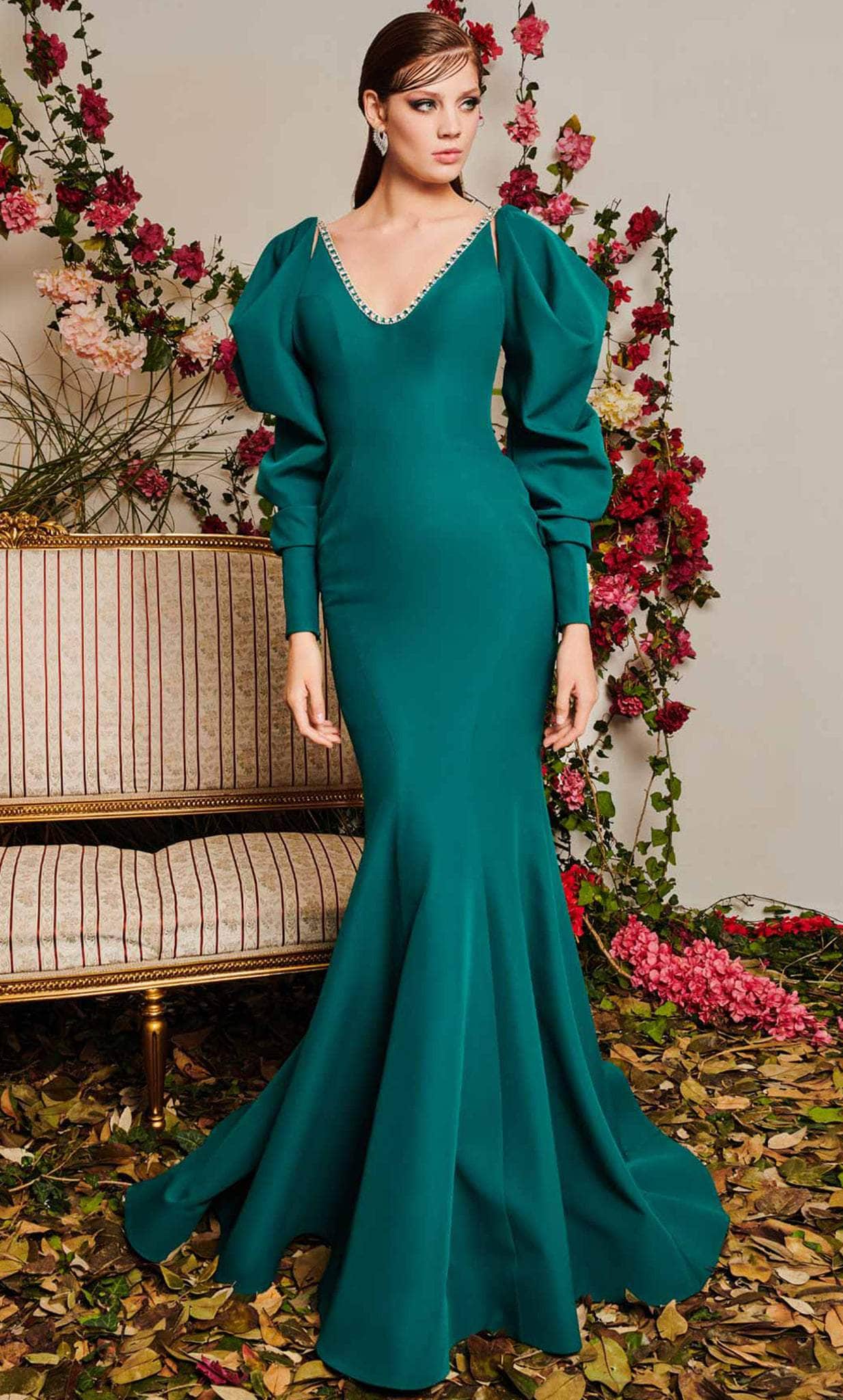 MNM COUTURE N0495 - Crepe Formal Puffy Sleeve Gown Couture Candy MNM COUTURE N0495 - Crepe Formal Puffy Sleeve Gown Couture Candy