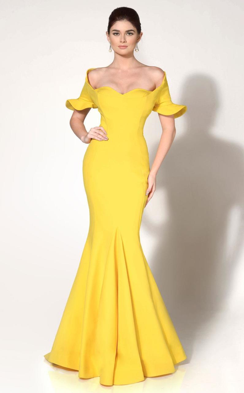 fitted lace wedding dress Yellow Satin Off-the-Shoulder Mermaid Pleated Long Formal Prom Dress w main image 0