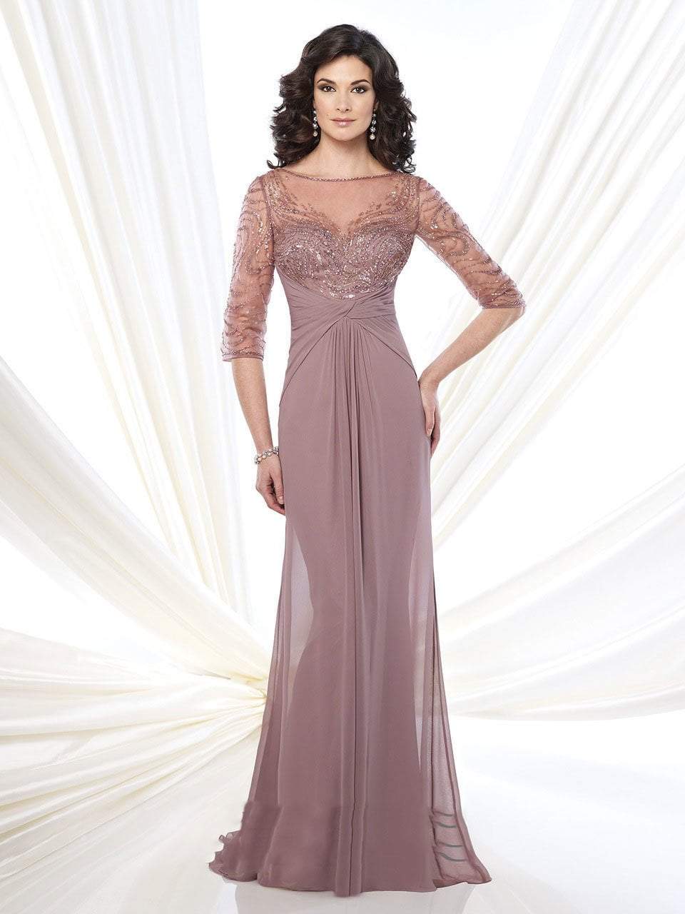 Mon Cheri Ruched Bateau A-line Gown 215919 pc Mink is Size