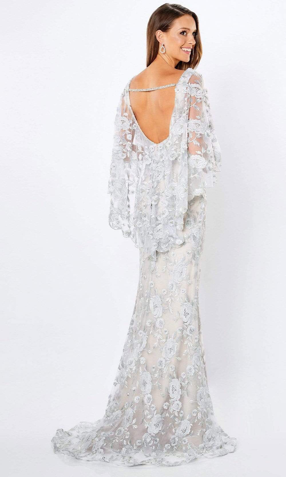 embroidered poncho dress Montage by Mon Cheri - 221962 Scoop Back Embroidered Poncho Dress 6 / Silver/Nude