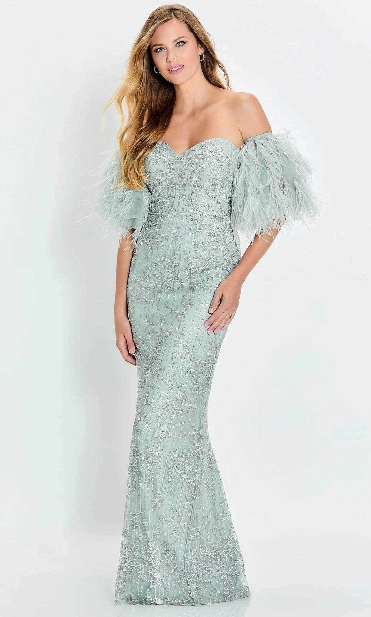 Montage by Mon Cheri M525 - Detachable Feathered Sleeve Strapless Evening Dress 4 / Heather