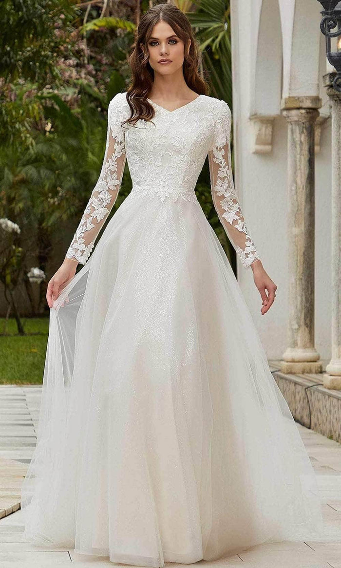 Mori Lee Bridal 30122 - Long Sleeve V-Neck Wedding Gown Special Occasion Dress 00 / Ivory/Champagne