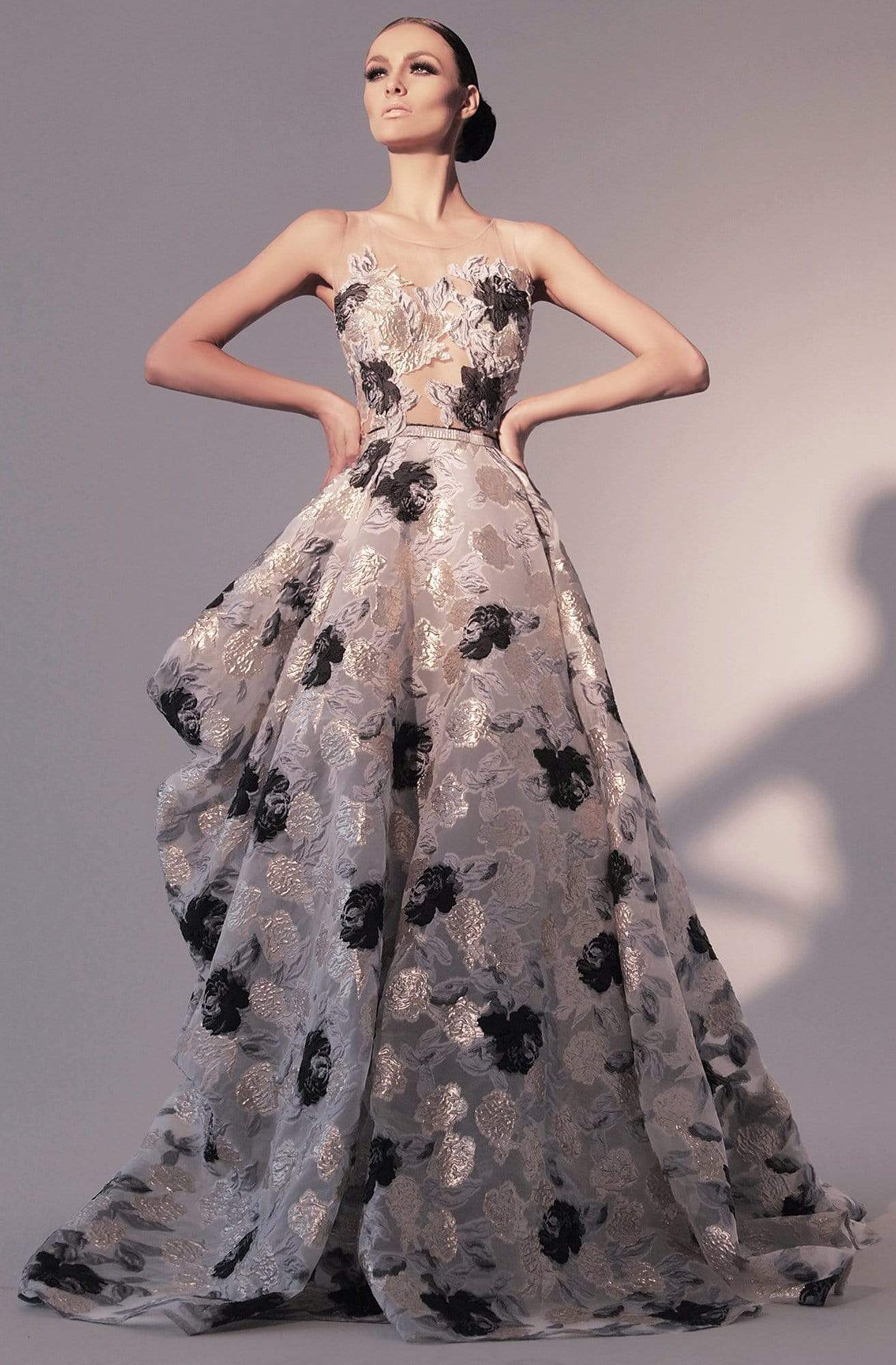 Nicole Bakti - 6797 Illusion Scoop Metallic Floral Print Gown 2 / Dusty Rose Nicole Bakti - 6797 Illusion Scoop Metallic Floral Print Gown 2 / Dusty Rose