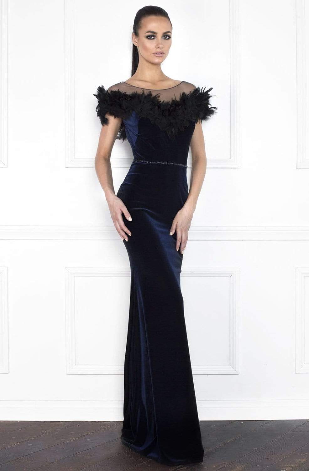 Nicole Bakti - 6851 Illusion Feather Ornate Velvet Sheath Gown Couture Candy Nicole Bakti - 6851 Illusion Feather Ornate Velvet Sheath Gown Couture Candy