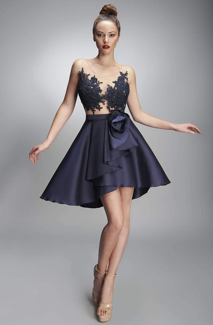 Nicole Bakti - 6889 Floral Embroidered Illusion A-Line Dress Cocktail Dresses 0 / Navy
