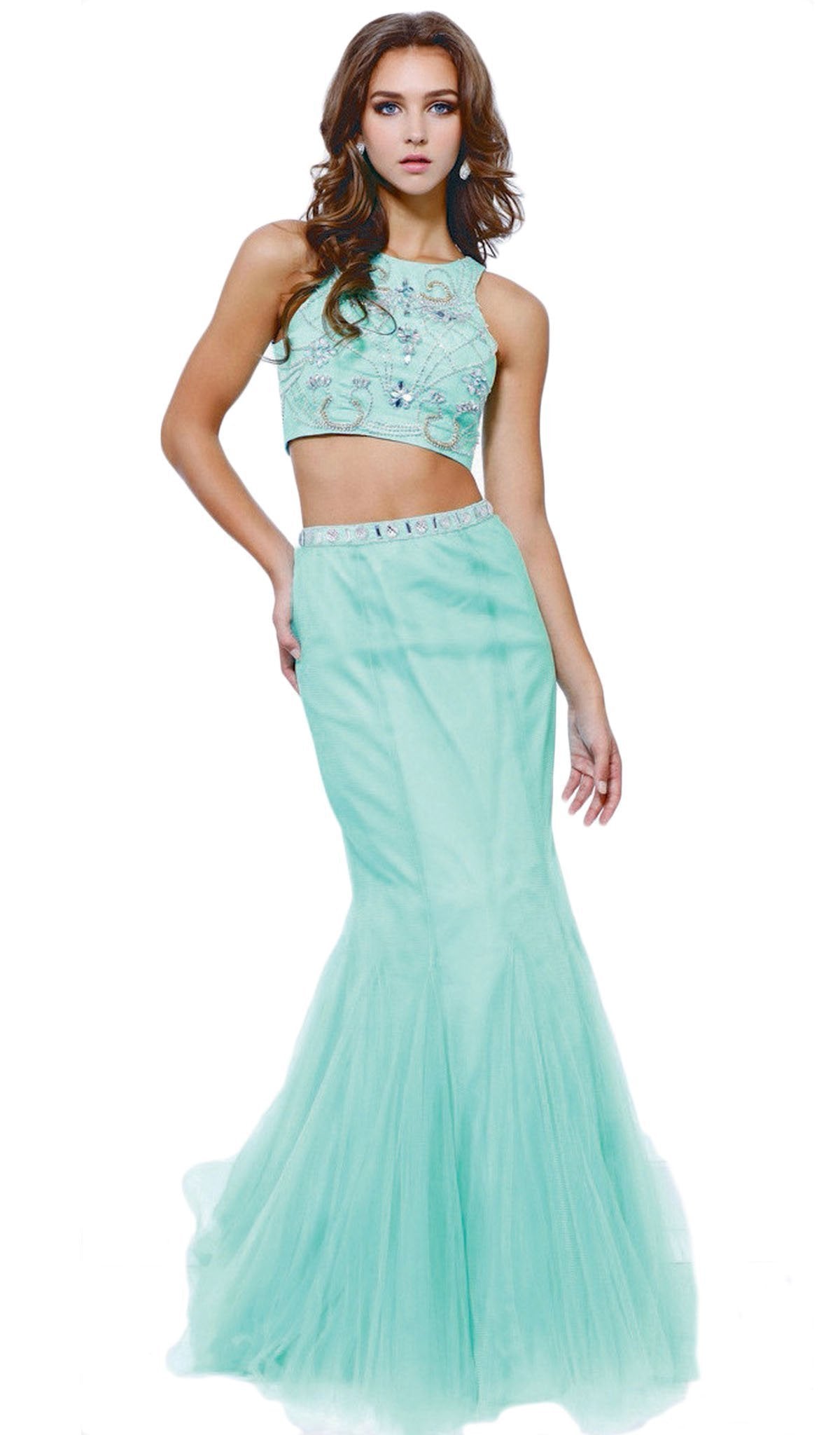 Nox Anabel - 8156 Embellished Halter Crop-Top Two Piece Evening Gown Couture Candy Nox Anabel - 8156 Embellished Halter Crop-Top Two Piece Evening Gown Couture Candy