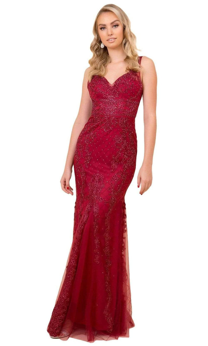 Nox Anabel - A398 Sleeveless V Neck Beaded Lace Applique Trumpet Gown Evening Dresses 4 / Burgundy