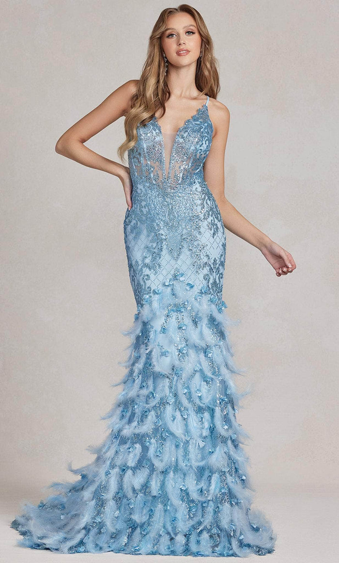 Nox Anabel C1111 - Feathered Skirt Prom Gown Prom Dresses 00 / Light Blue