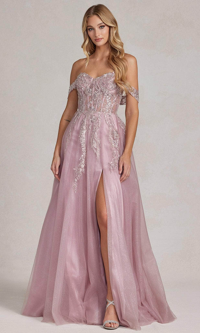 Nox Anabel E1128 - Off-Shoulder A-line Prom Dress Prom Dresses 00 / Rose