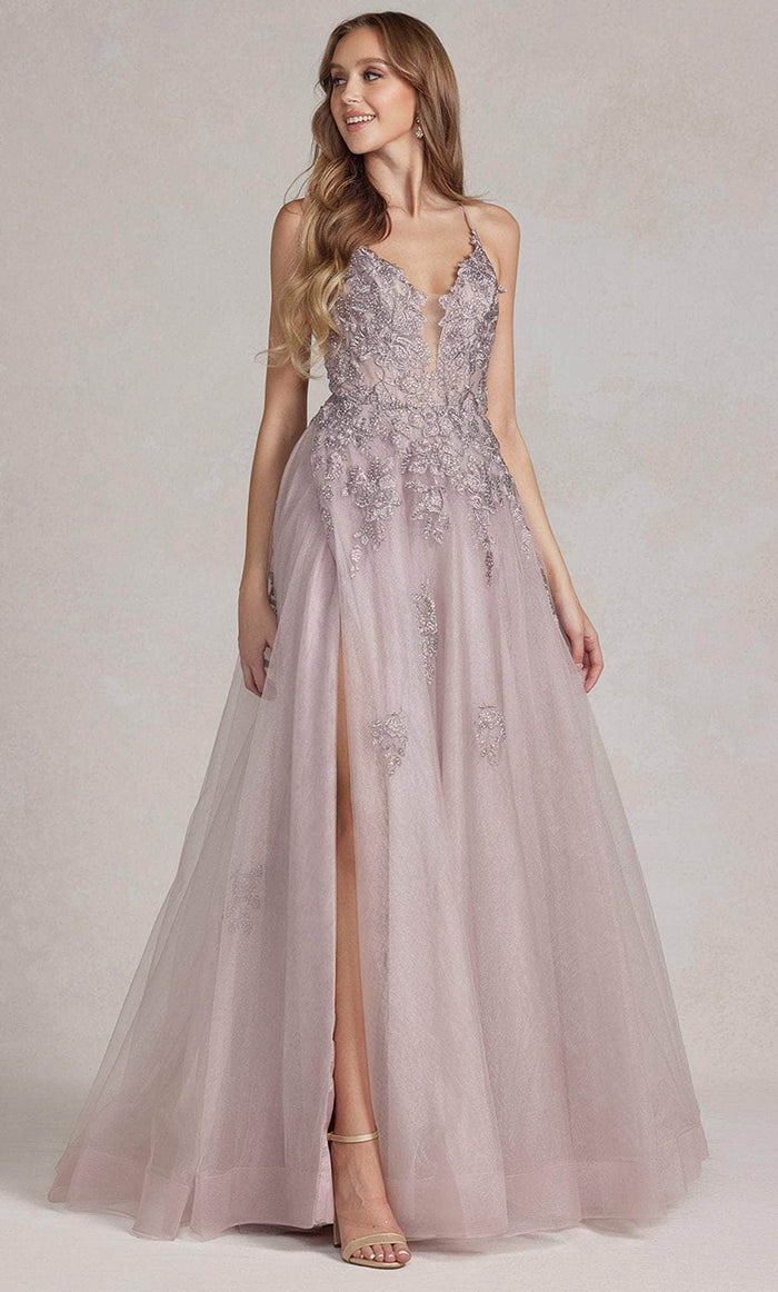 Nox Anabel G1149 - Embroidered Plunging V-Neck Prom Gown Prom Dresses 00 / Mauve