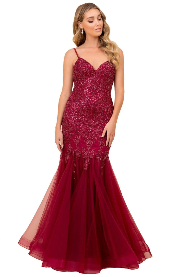 Nox Anabel - H402 Spaghetti Strap Beaded Trumpet Gown Evening Dresses 4 / Burgundy