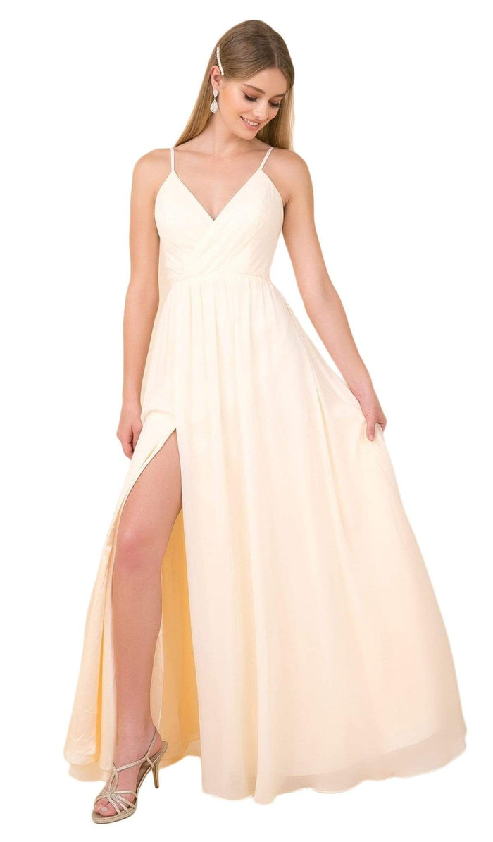 Nox Anabel - R275 Plunging V-neck A-line Dress With Slit Prom Dresses XS / Light Gold