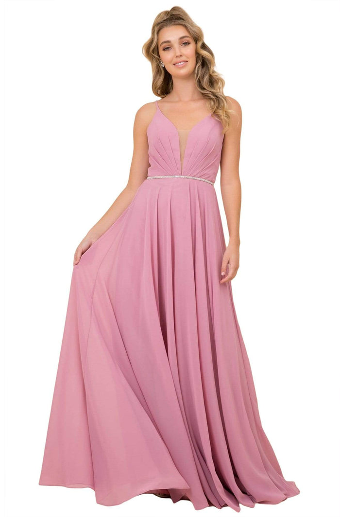 Nox Anabel - R416 Lace-up Open Back Beaded Waist A-Line Prom Dress Prom Dresses 4 / Dusty Rose