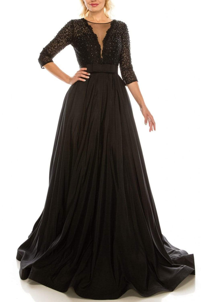 Odrella - 1026 Embroidered Mesh Quarter Sleeve A-Line Gown Evening Dresses 0 / Black