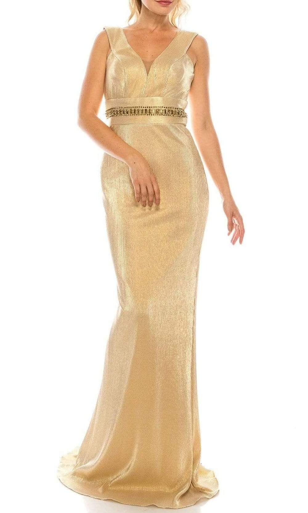 Odrella - 4767 Sleeveless Empire Waist Metallic Rib Sheath Gown Couture Candy Odrella - 4767 Sleeveless Empire Waist Metallic Rib Sheath Gown Couture Candy
