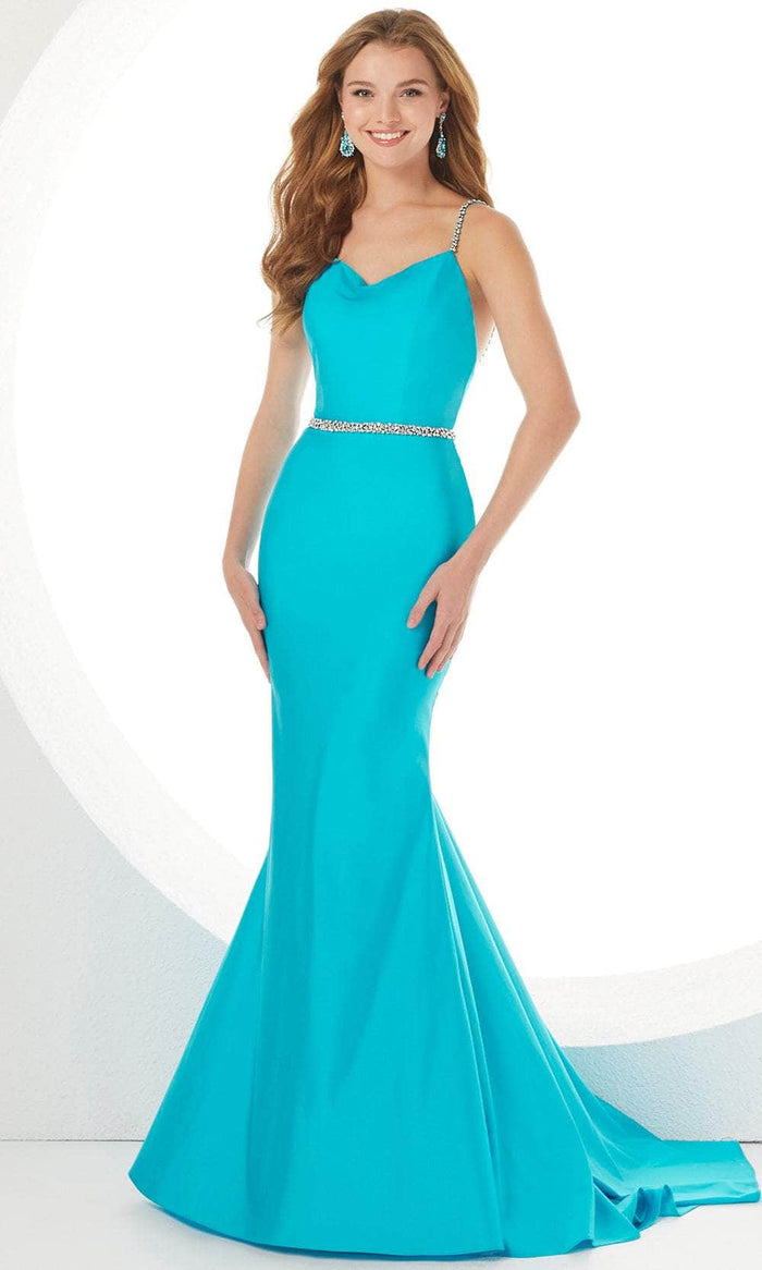 Panoply - 14098 Strap-Ornate Plunging Back Gown Special Occasion Dress 0 / Turquoise