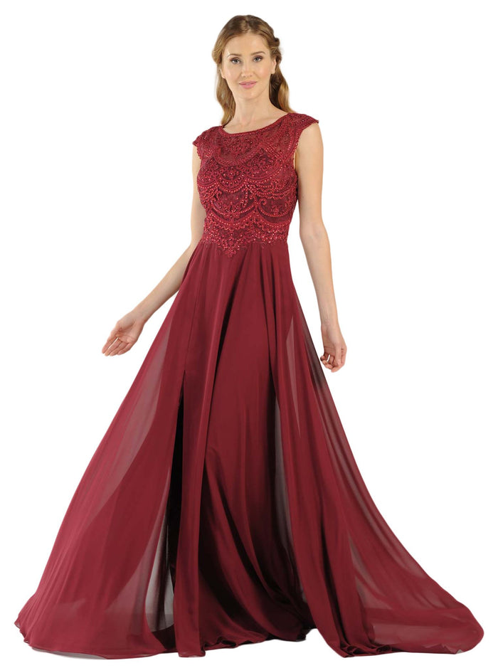 Poly USA - 8254 Cap Sleeve Embroidered Illusion Chiffon Gown Special Occasion Dress XS / Burgundy