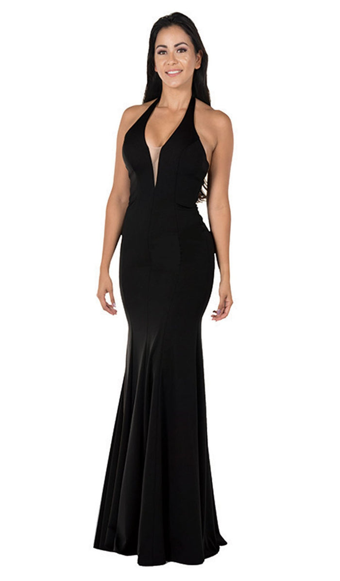 Poly USA - 8262 Deep V Neckline Halter Top Mermaid Evening Gown Special Occasion Dress XS / Black