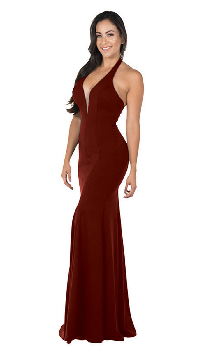 Poly USA - 8262 Deep V Neckline Halter Top Mermaid Evening Gown Special Occasion Dress XS / Burgundy