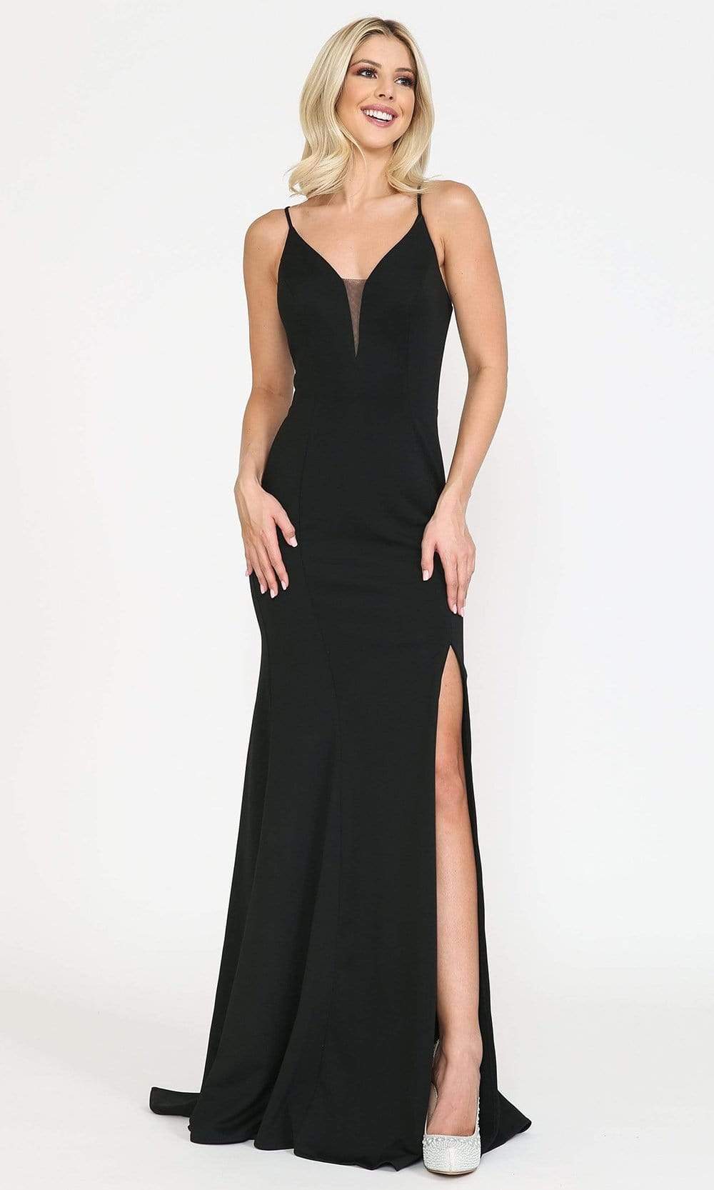 Poly USA 8360 Fitted Long Deep V-Neck Dress with Slit | FormalDressShops Black / M Poly USA 8360 Fitted Long Deep V-Neck Dress with Slit | FormalDressShops Black / M