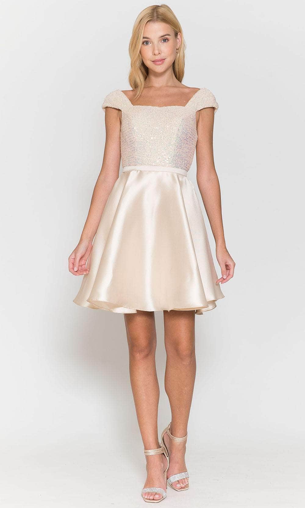 Poly USA 8732 Short Sequin Bodice Cap Sleeve Dress | FormalDressShops Silver / 2XL Poly USA 8732 Short Sequin Bodice Cap Sleeve Dress | FormalDressShops Silver / 2XL