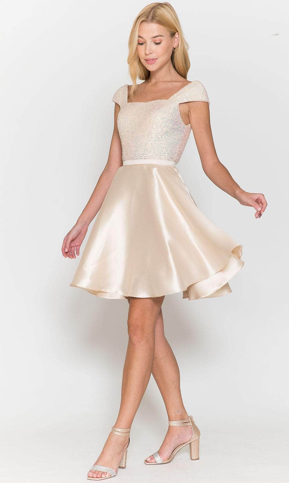 Poly USA 8732 - Off-Shoulder Square Neck Short Dress XL / Champagne - Shop Poly USA Dresses On Couture Candy at CoutureCandy.com Poly USA 8732 - Off-Shoulder Square Neck Short Dress XL / Champagne - Shop Poly USA Dresses On Couture Candy at CoutureCandy.com