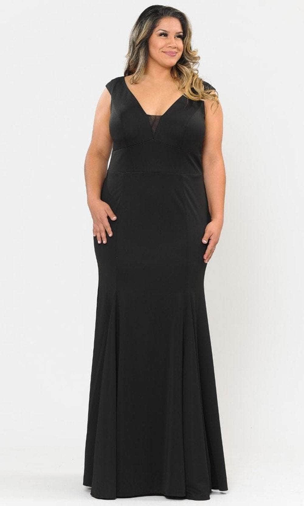 Poly USA W1022 Plus Size Long V-Neck Jersey Fitted Dress | FormalDressShops Black / 16W Poly USA W1022 Plus Size Long V-Neck Jersey Fitted Dress | FormalDressShops Black / 16W