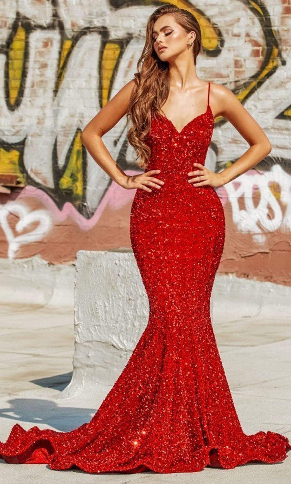 spaghetti strap sequin mermaid dress Sparkling Pink Sequin Mermaid Prom Dress with Slit and Spaghetti Strap 22183