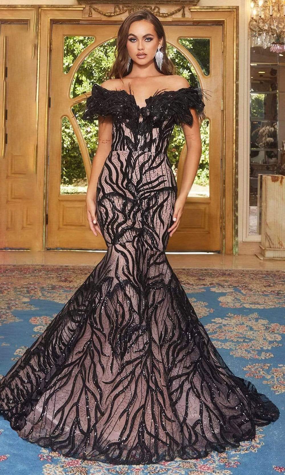 Portia and Scarlett - PS22227 Feather Fringe Embellished Mermaid Gown Portia and Scarlett - PS22227 Feather Fringe Embellished Mermaid Gown