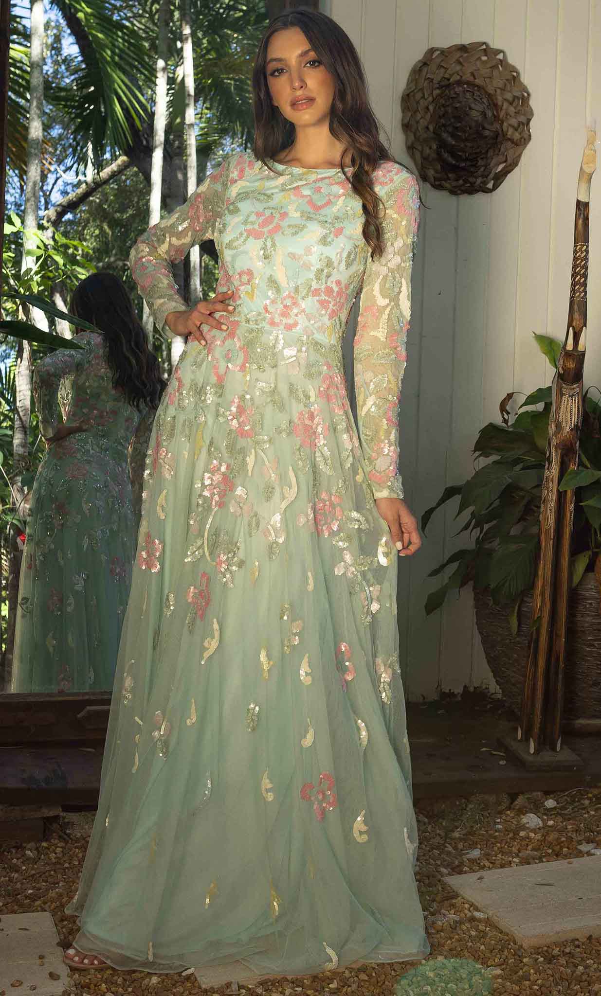 Primavera Couture 12021 - Floral Sequined Modest A-Line Dress Primavera Couture 12021 - Floral Sequined Modest A-Line Dress