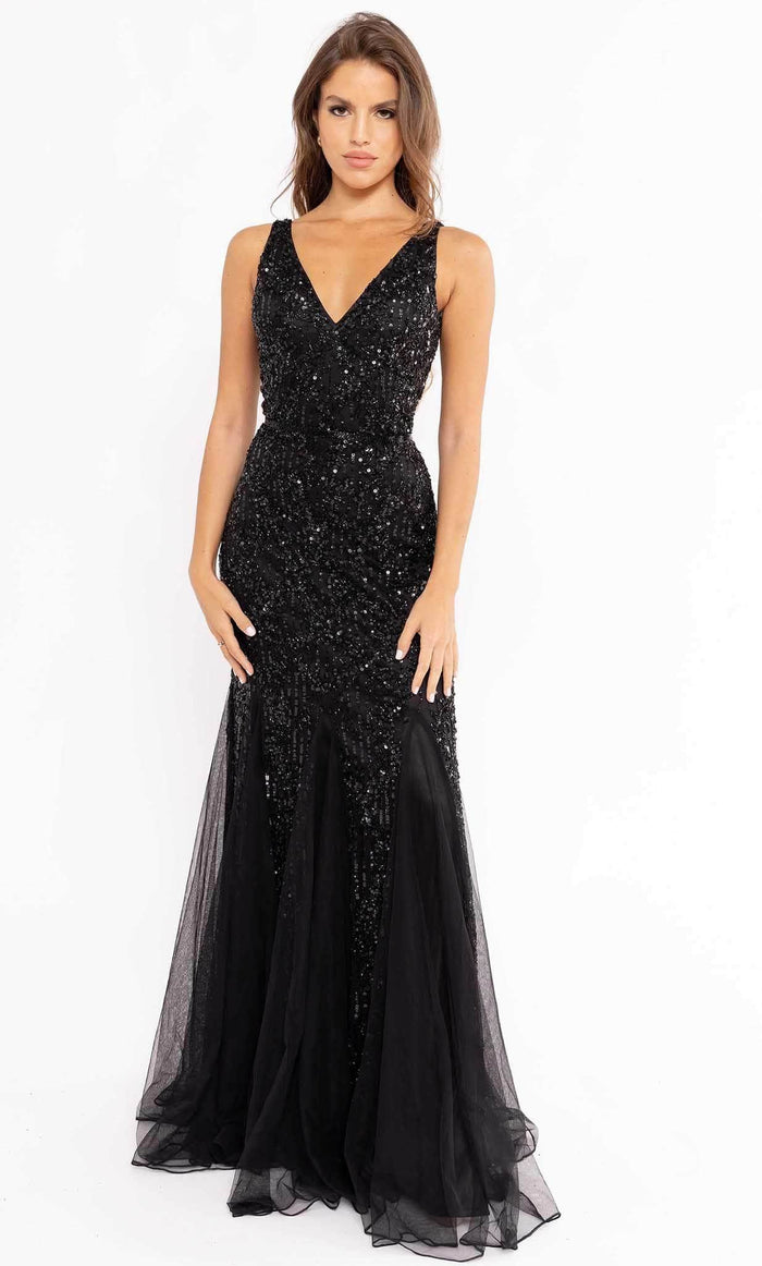 Primavera Couture 13107 - V Neck Sleeveless Sheath Gown Prom Dresses 4 / Black