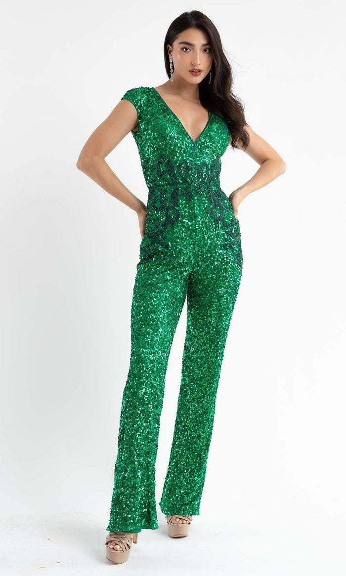 Primavera Couture - 3775 Cap Sleeve Sequin Jumpsuit Special Occasion Dress 00 / Emerald