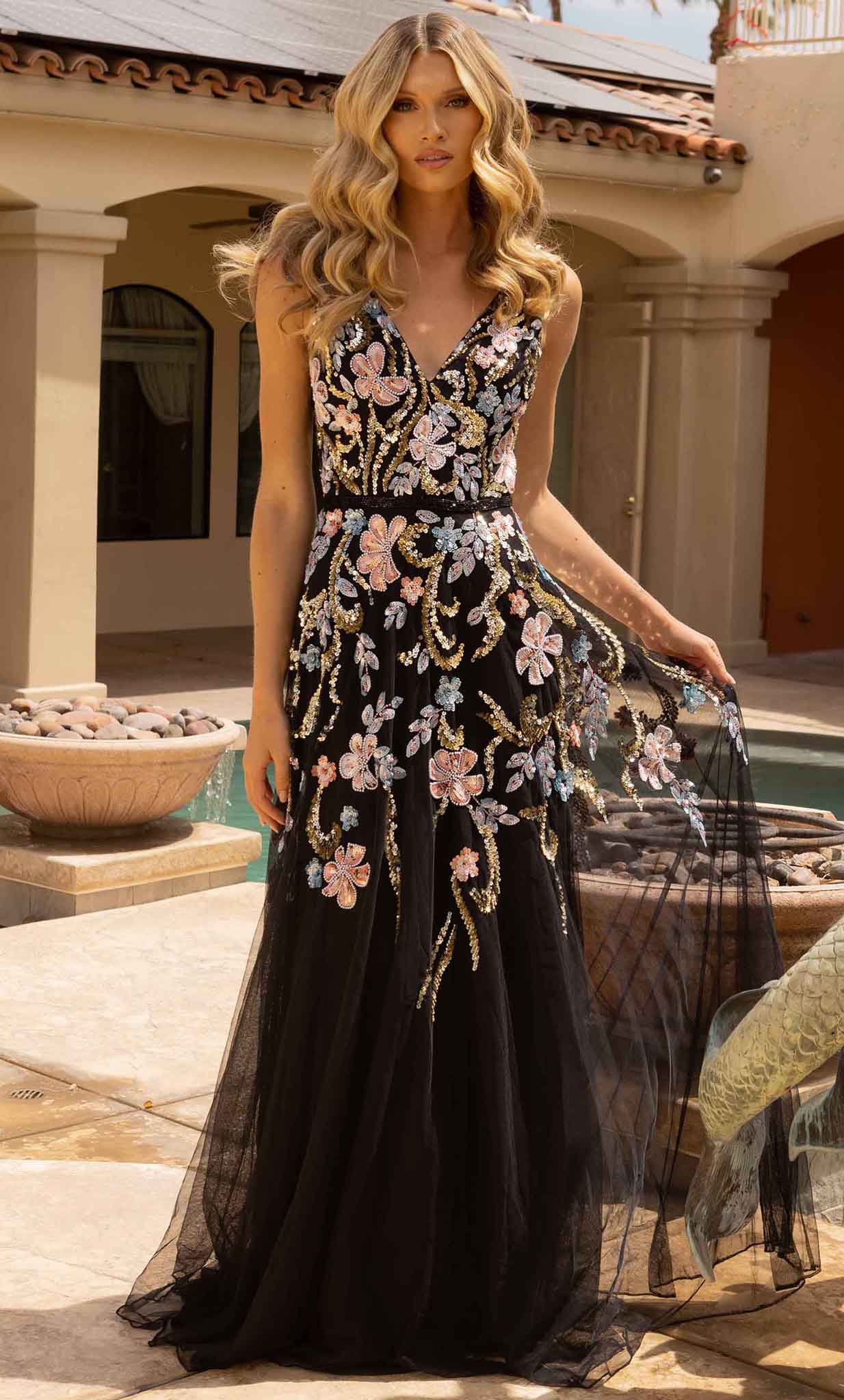 Primavera Couture 3929 - Floral Patterned Embellished Tulle Gown Primavera Couture 3929 - Floral Patterned Embellished Tulle Gown