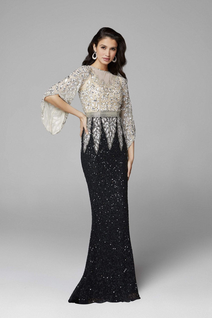 Primavera Couture - Stunning Two-Tone Sequin Embellished Long Gown with Batwing Sleeves 1424 Mother of the Bride Dresses 0 / Black/Nude