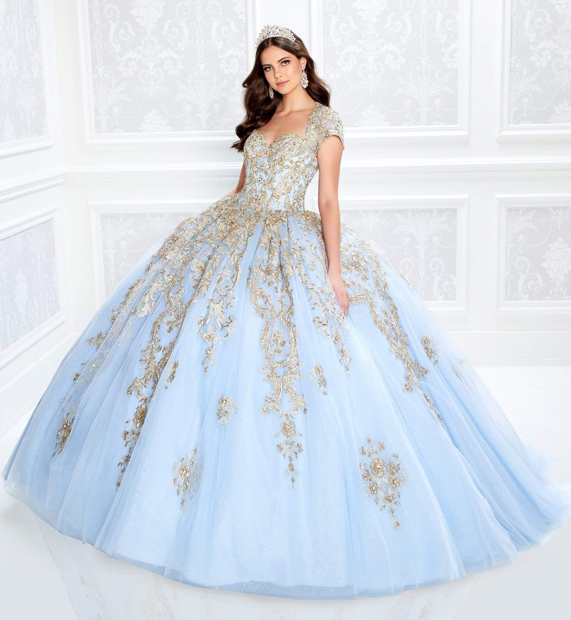 Princesa by Ariana Vara - PR22025 Short Sleeve Ball Gown 2 / Light Blue/Gold Princesa by Ariana Vara - PR22025 Short Sleeve Ball Gown 2 / Light Blue/Gold