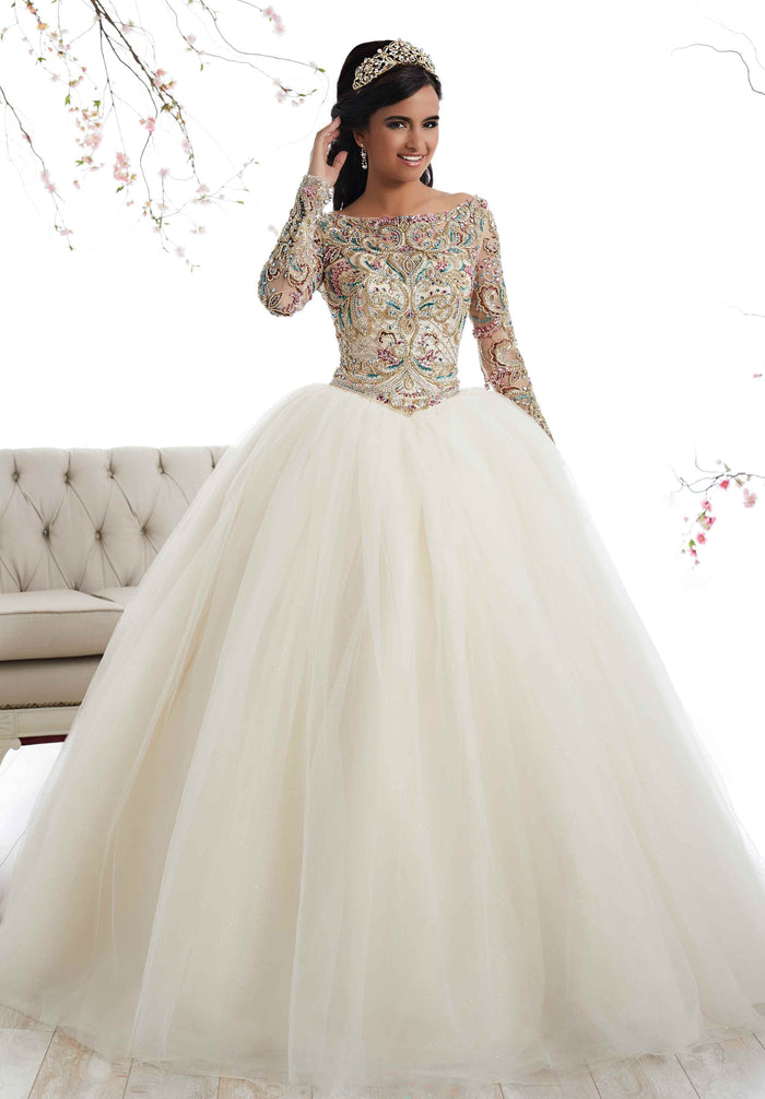 Quinceanera Collection - 26875 Beaded Long Sleeves Ballgown Special Occasion Dress 0 / Champagne Multi/Ivory