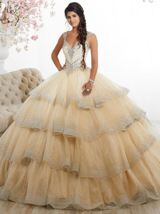 Quinceanera Collection - 26880 Beaded Sweetheart Tiered Ballgown Special Occasion Dress 0 / Champagne