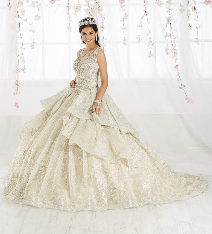 Quinceanera Collection - 26910 Tiered Illusion Jewel Ballgown Special Occasion Dress 0 / Silver/Champagne