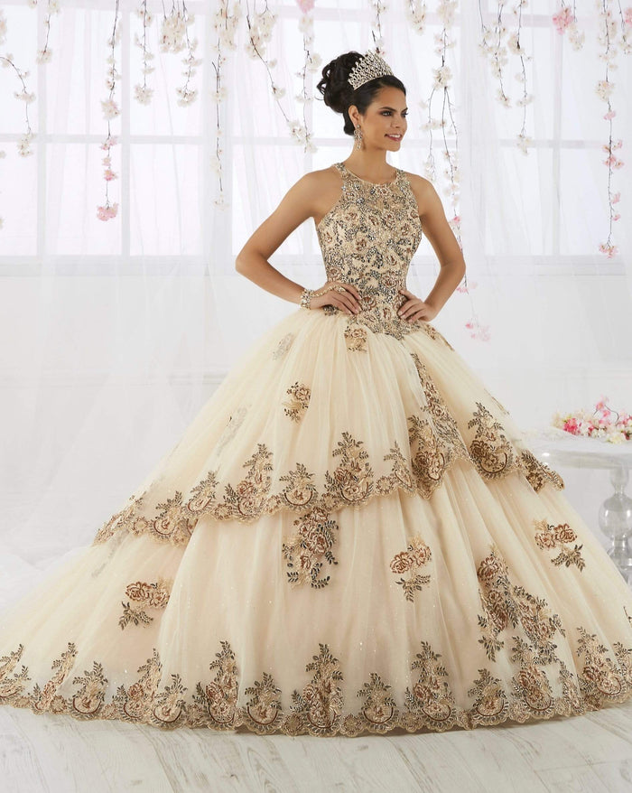 Quinceanera Collection - 26912 Beaded Lace Embellished  Tulle Ballgown Special Occasion Dress 0 / Champagne Multi