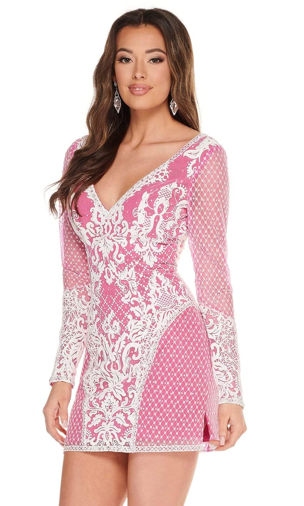 Rachel Allan - 40041 Contrast Lace Long Sleeve Cutout Back Dress Couture Candy Rachel Allan - 40041 Contrast Lace Long Sleeve Cutout Back Dress Couture Candy
