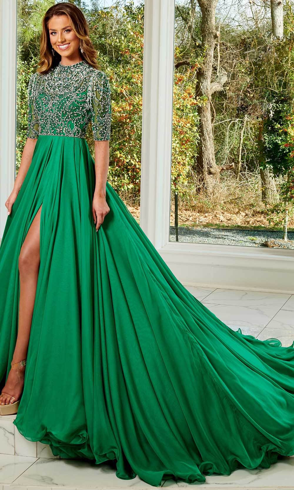 Rachel Allan 50149 - Bejeweled Quarter Length Sleeves Long Gown Couture Candy Rachel Allan 50149 - Bejeweled Quarter Length Sleeves Long Gown Couture Candy