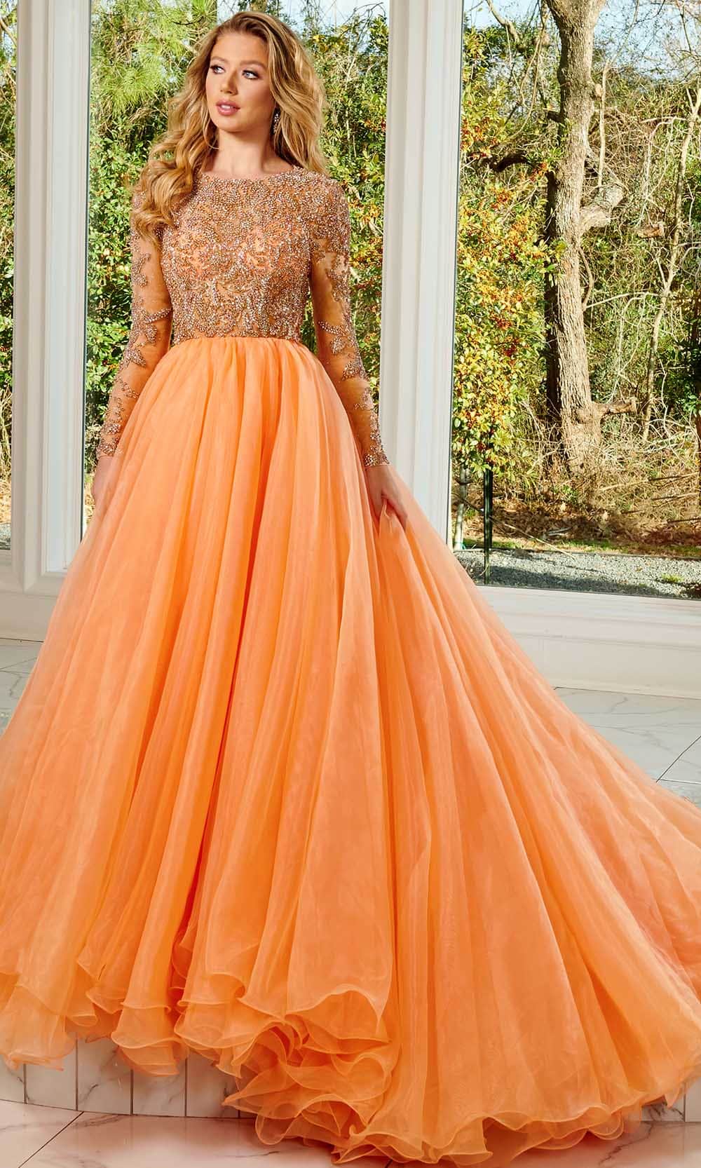 orange prom dresses long sleeve open lace back dress Burnt Orange Prom Dress 2023 V Neck Long Sleeves with Pleats 6 /