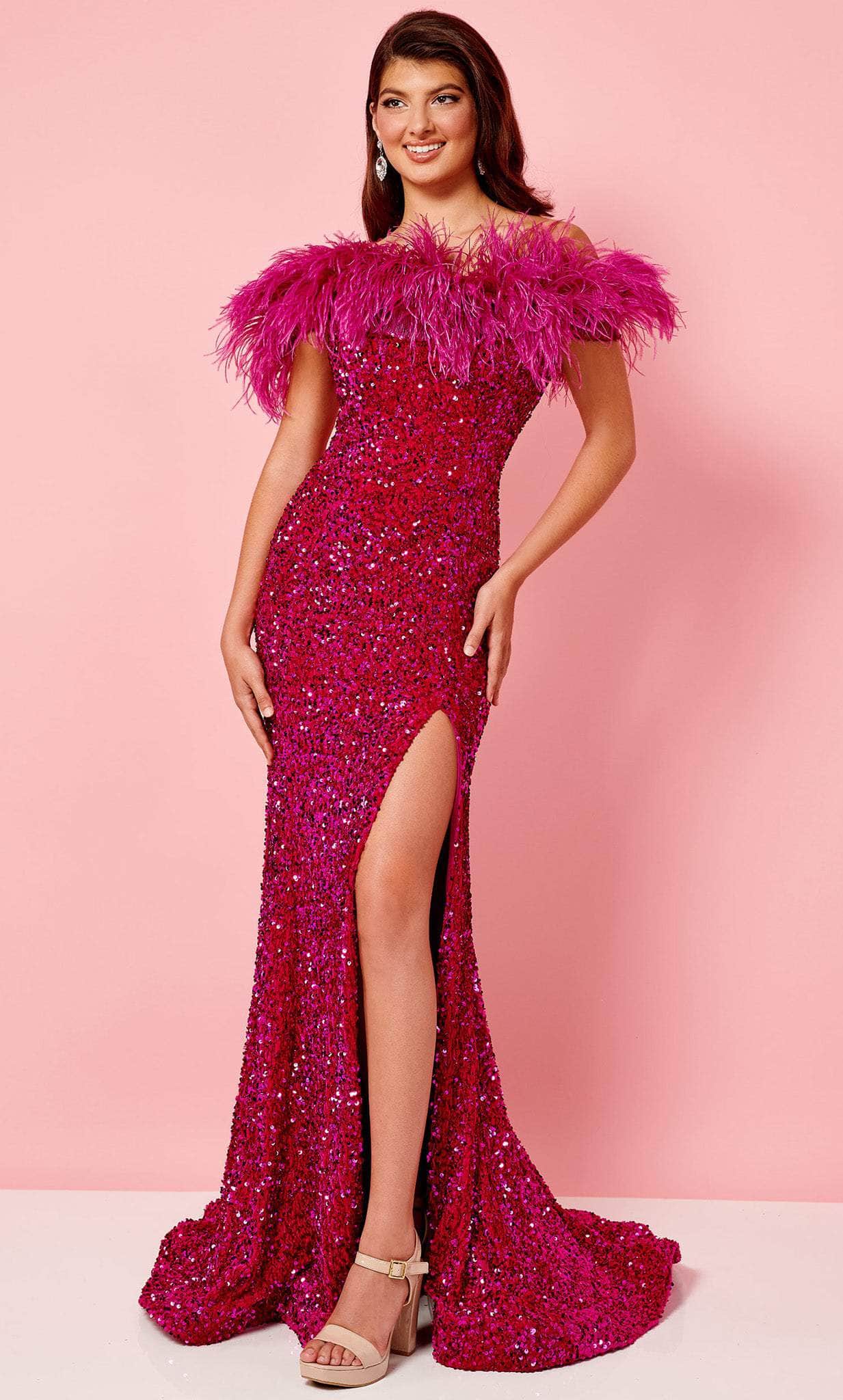 Rachel Allan 70280 - Feathered Off Shoulder Prom Gown 0 / Fuchsia Rachel Allan 70280 - Feathered Off Shoulder Prom Gown 0 / Fuchsia