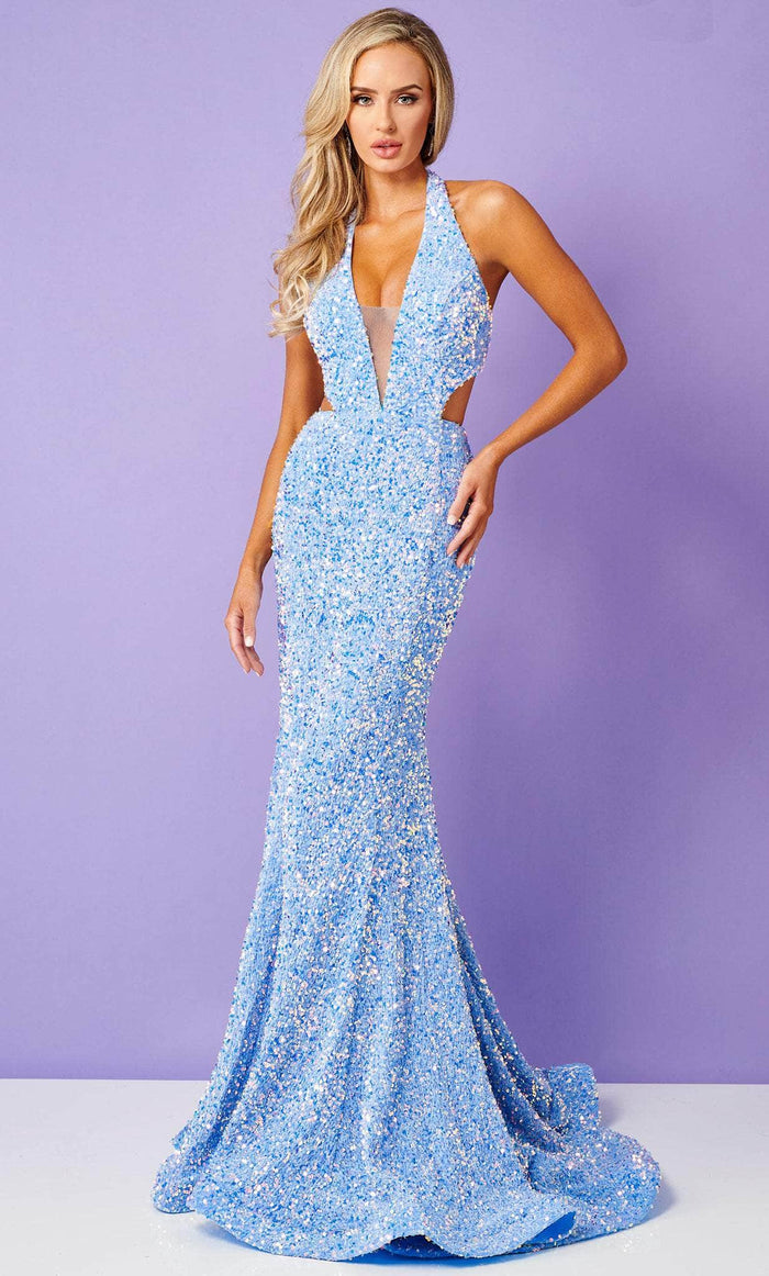Rachel Allan 70413 - Mermaid Sequined Plunging Gown Special Occasion Dress 00 / Periwinkle