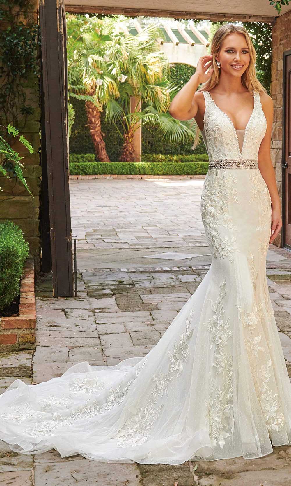 deep v neck mermaid wedding dress Mermaid V-Neck Sweep Trian White Satin Backless Wedding Dress WD219 US10 / White
