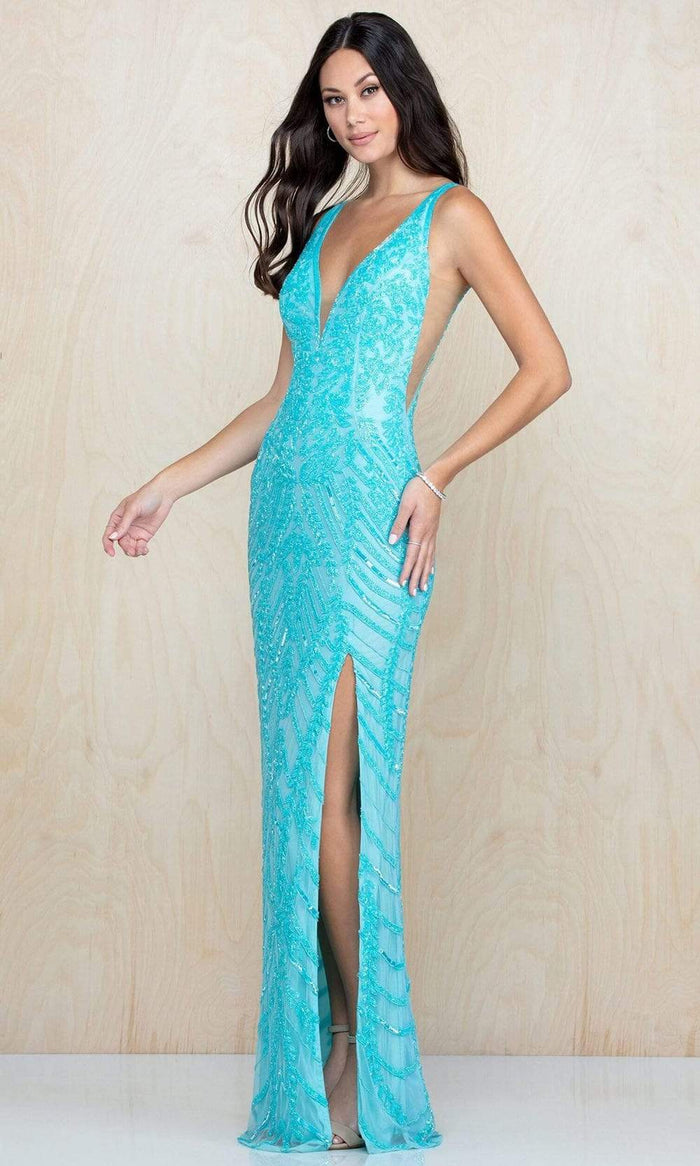 Scala - 60222 Sequined Deep V Neck Sheath Dress Evening Dresses 00 / Turquoise
