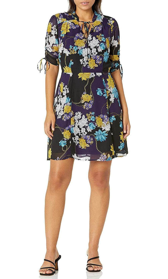 Sharagano HW9R15F231 - Floral V-Neck With Tie Cocktail Dress Holiday Dresses 4 / Navy