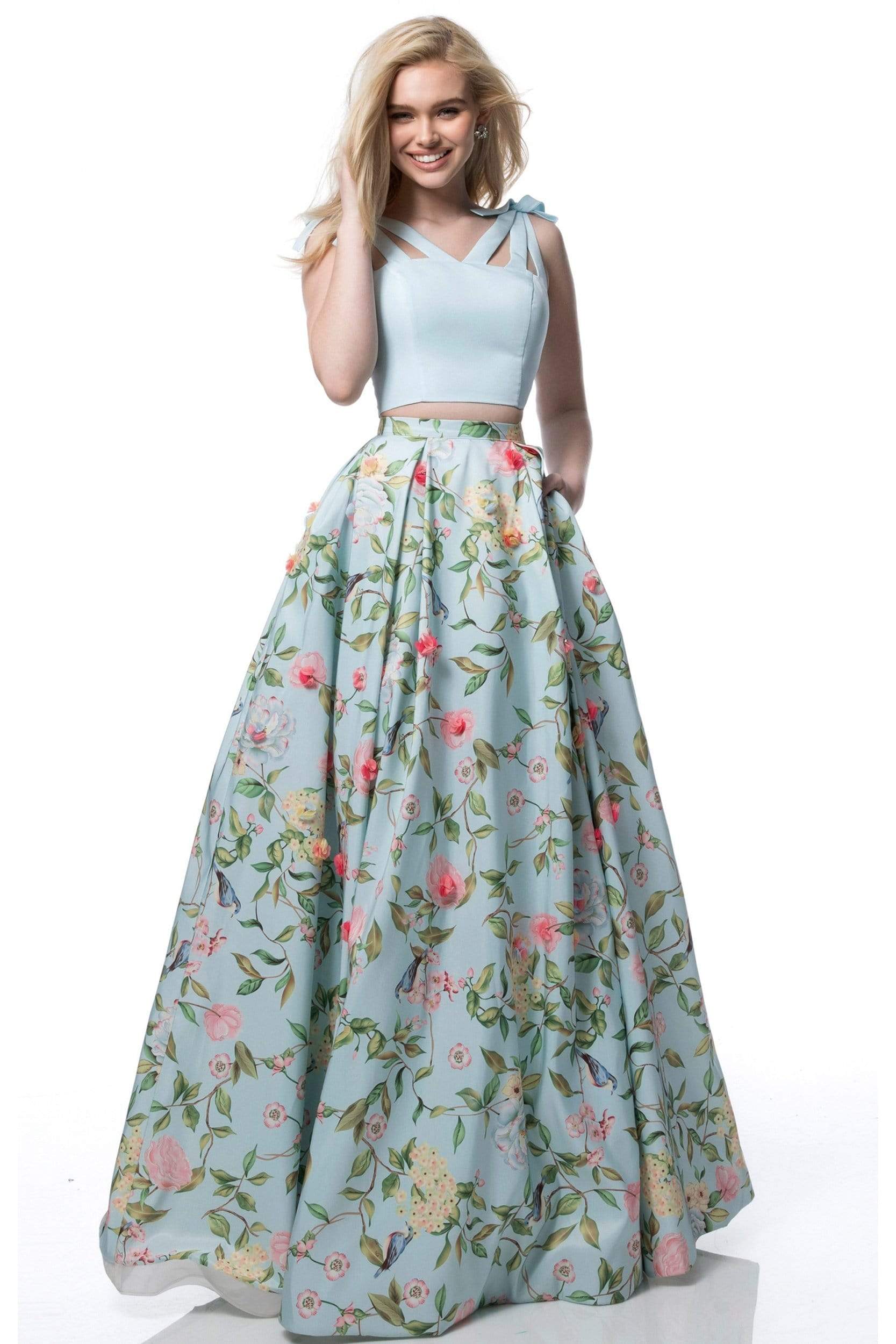 Sherri Hill - 51959 Two Piece V-neck Floral Print A-line Dress Couture Candy Sherri Hill - 51959 Two Piece V-neck Floral Print A-line Dress Couture Candy