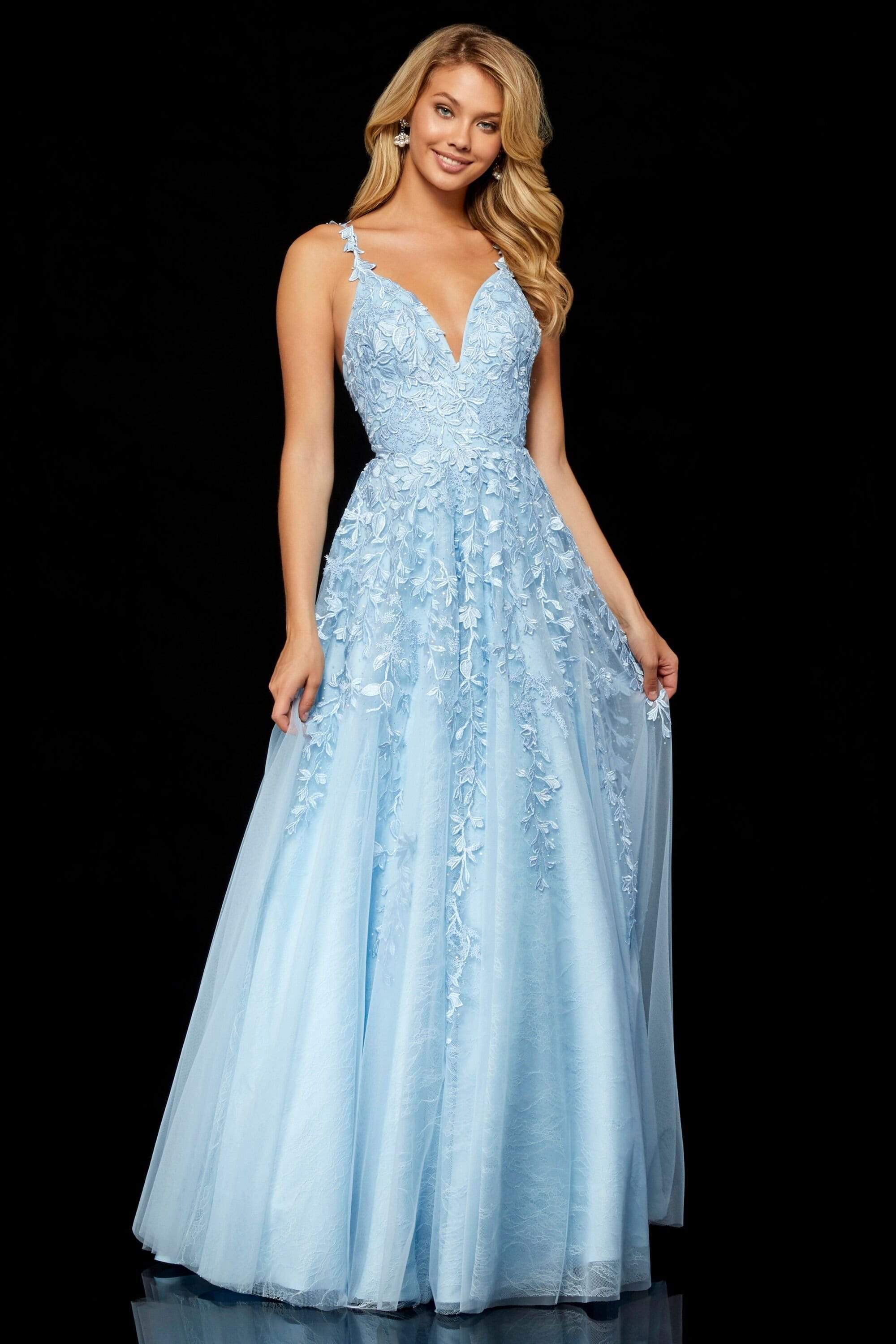 Sherri Hill - 52342 Beaded Lace Deep V-neck Long A-line Dress Couture Candy Sherri Hill - 52342 Beaded Lace Deep V-neck Long A-line Dress Couture Candy